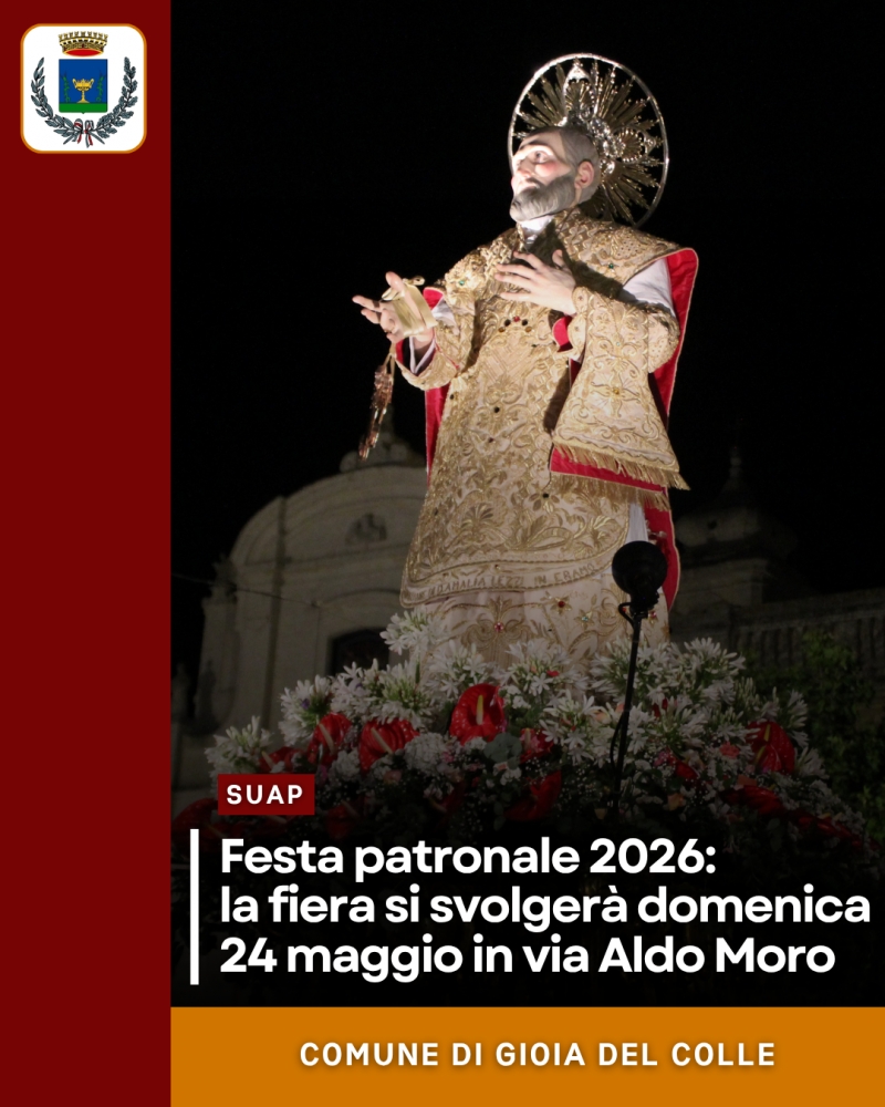 Festa patronale 2026: la fiera si svolger� domenica 24 maggio in via Aldo Moro