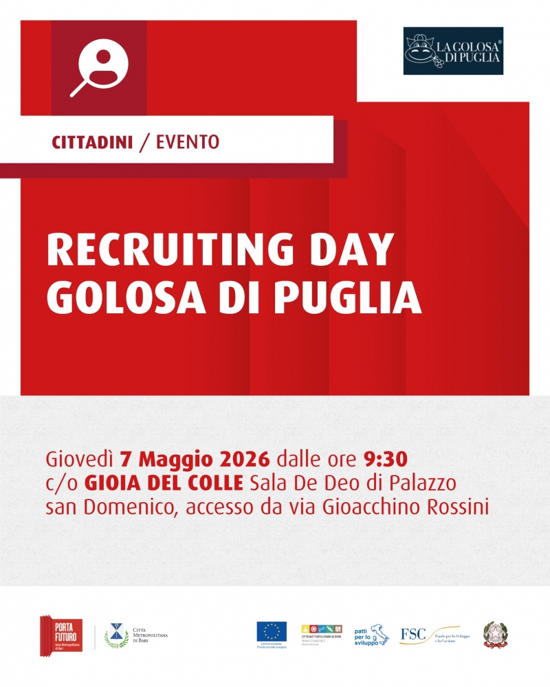 Porta Futuro Area metropolitana di Bari: gioved� 8 maggio un recruiting day nella sala De Deo di Palazzo San Domenico