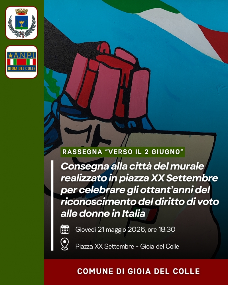 Gioved� 21 maggio la consegna alla citt� del murale realizzato in piazza XX Settembre per celebrare gli ottant�anni del riconoscimento del diritto di voto alle donne in Italia