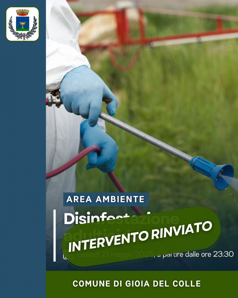 Rinviato l\'intervento di disinfestazione adulticida del 21 maggio 2026