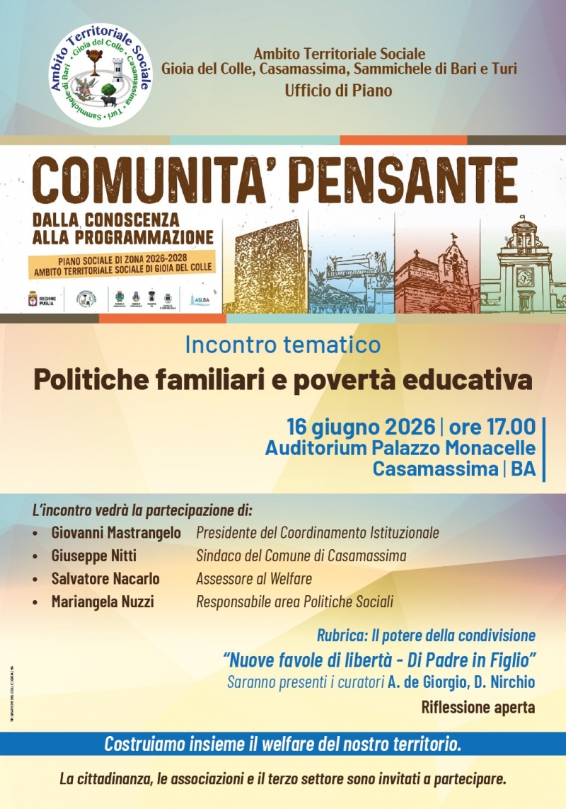 Piano Sociale di Zona 2026-2028: a Casamassima il tavolo tematico su politiche familiari e povert� educativa