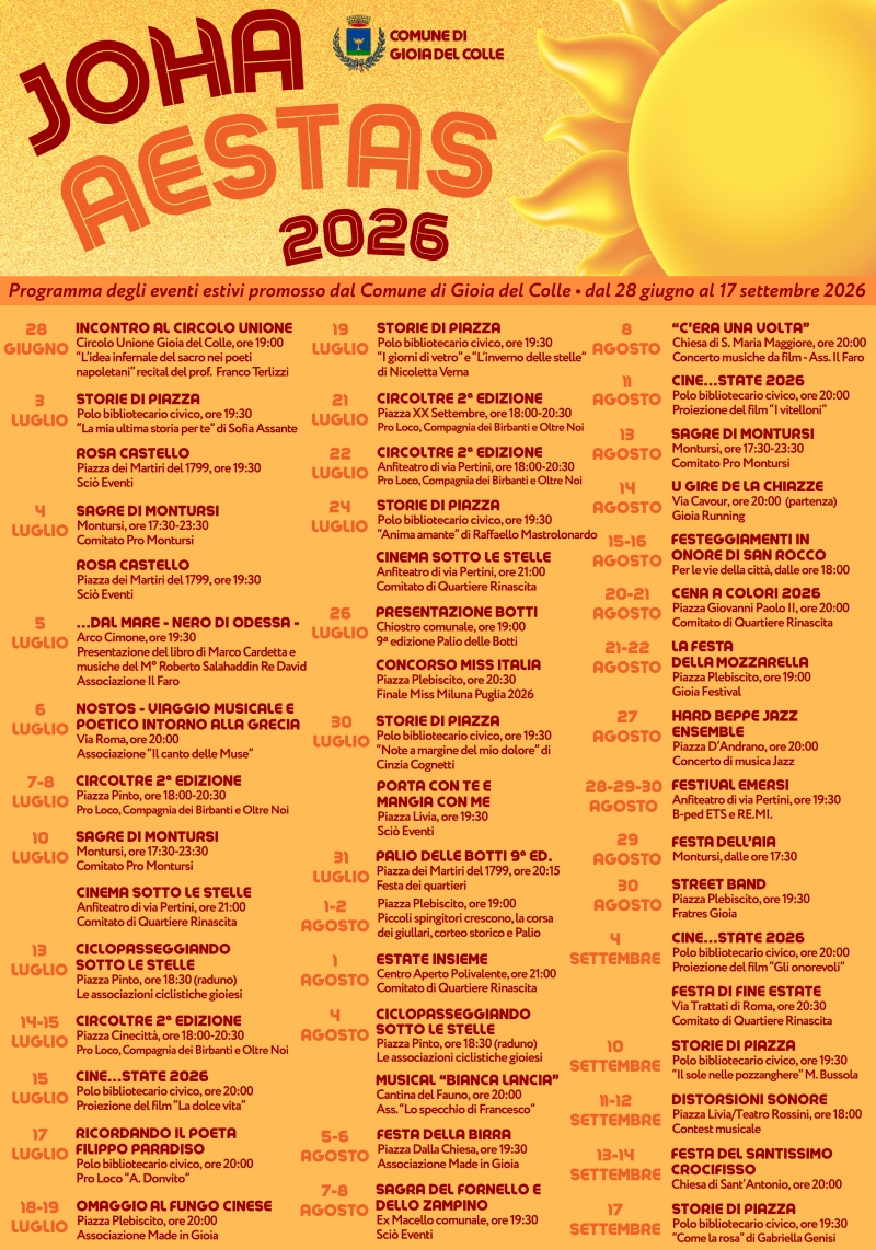 Joha AeStas 2026: al via gli eventi estivi a Gioia del Colle