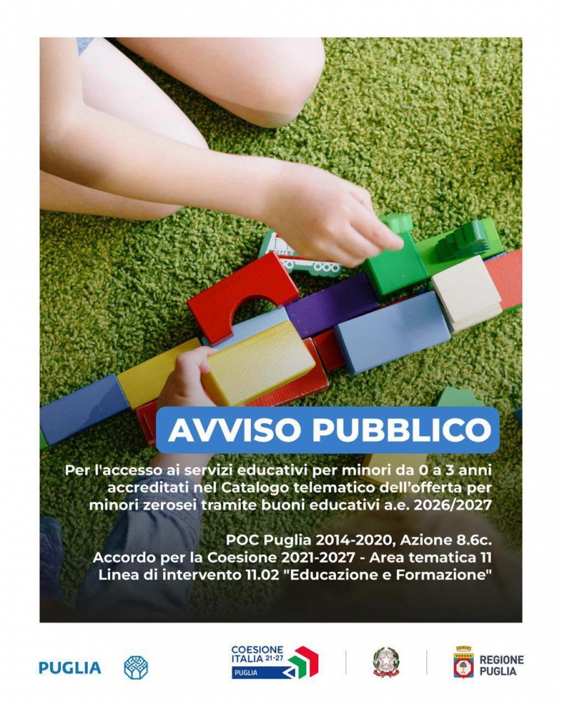 Regione Puglia - Buoni educativi 0-3 anni: pubblicato l\'avviso rivolto alle famiglie per l�anno educativo 2026/2027. Domande presentabili fino alle ore 12:00 di venerd� 28 agosto 2026.